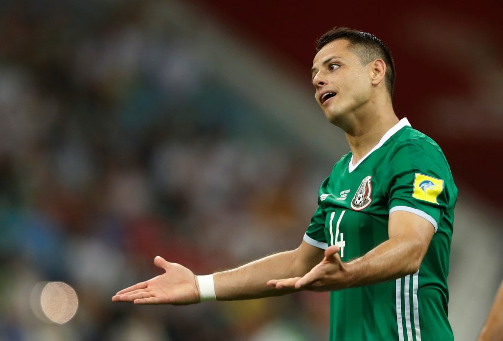 Mexicos Javier Hernandez reacts.