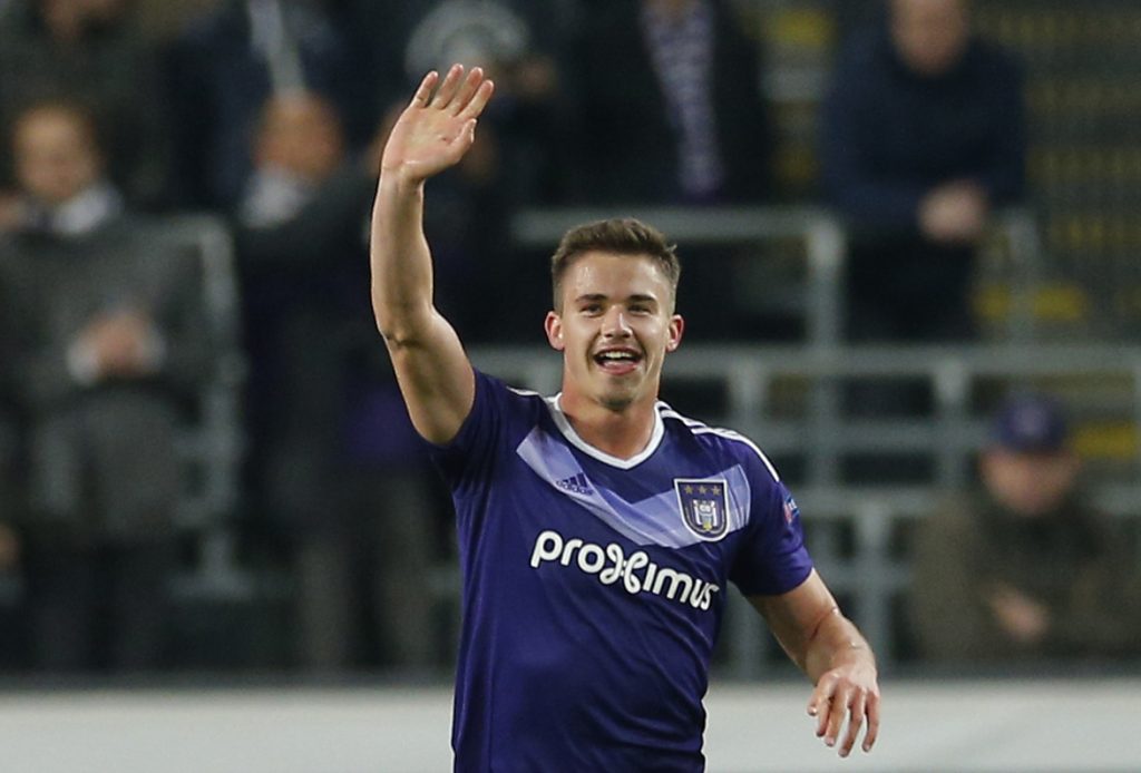 Anderlecht's Leander Dendoncker celebrates scoring their first goal.