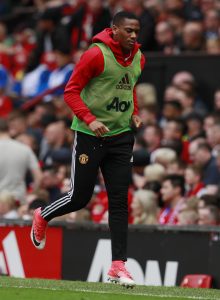 Manchester United's Anthony Martial warms up during the game.