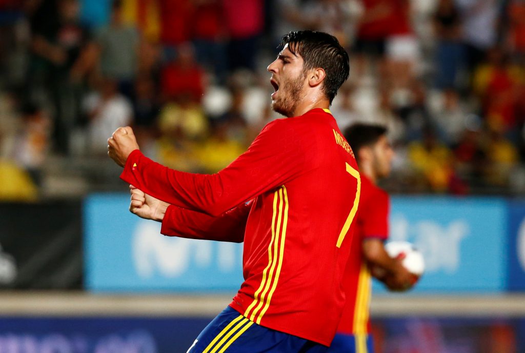 Spain's Alvaro Morata celebrates scoring their second goal.