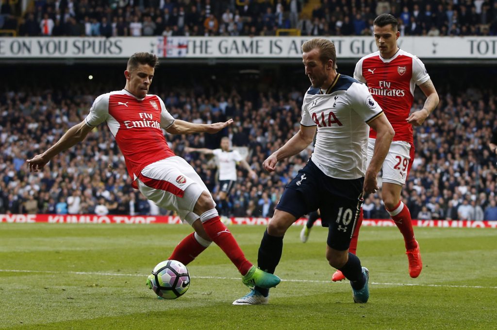 Harry Kane is brought down by Gabriel Paulista for a penalty.