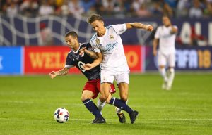 Sebastian Giovinco battles for the ball with Marcos Llorente (18) in the first half of the 2017 MLS All Star Game.