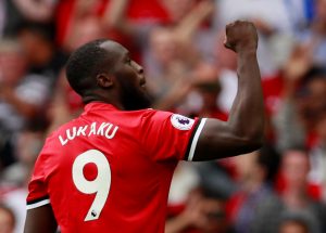 Manchester United's Romelu Lukaku celebrates scoring their second goal.