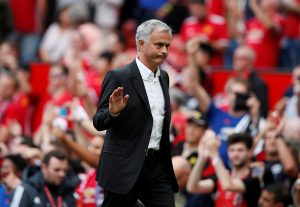 Manchester United manager Jose Mourinho acknowledges fans after the match.