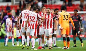 Stoke City's Erik Pieters and team mates celebrate after the match.
