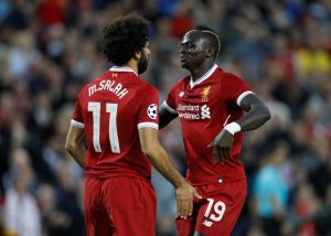 Liverpool's Mohamed Salah celebrates scoring their second goal with Sadio Mane.