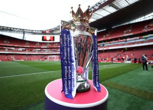 General view of the Premier League trophy before the match.