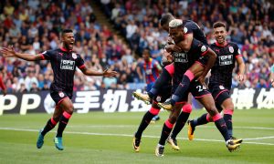Huddersfield Towns Steve Mounie celebrates scoring their second goal.