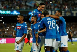 Napolis Jorginho celebrates scoring their second goal with team mates.