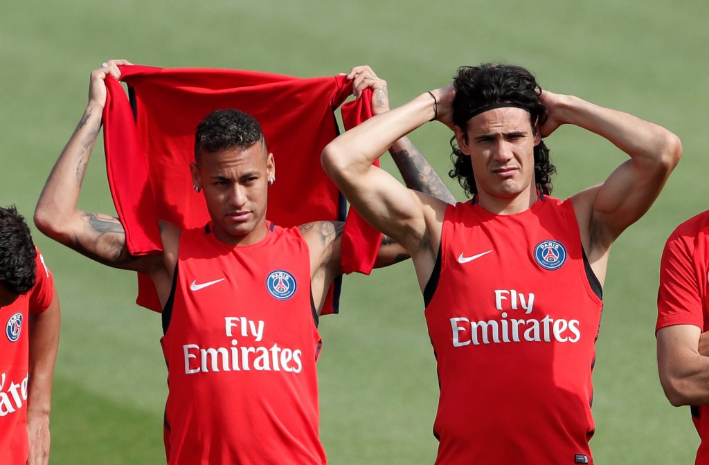 Neymar and Edinson Cavani during training.