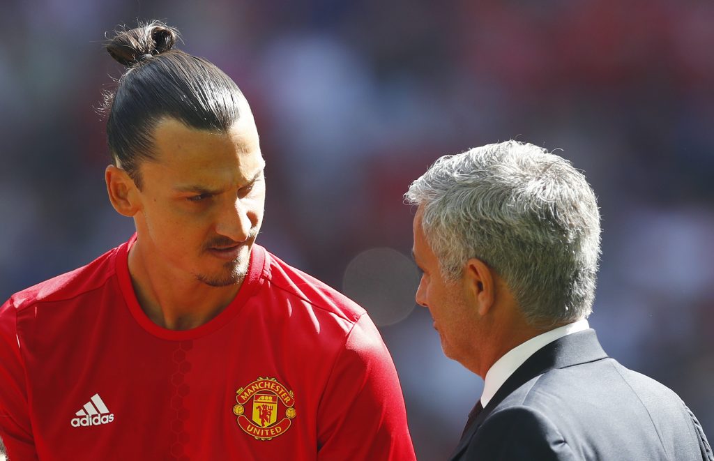 Zlatan Ibrahimovic and manager Jose Mourinho before the game.