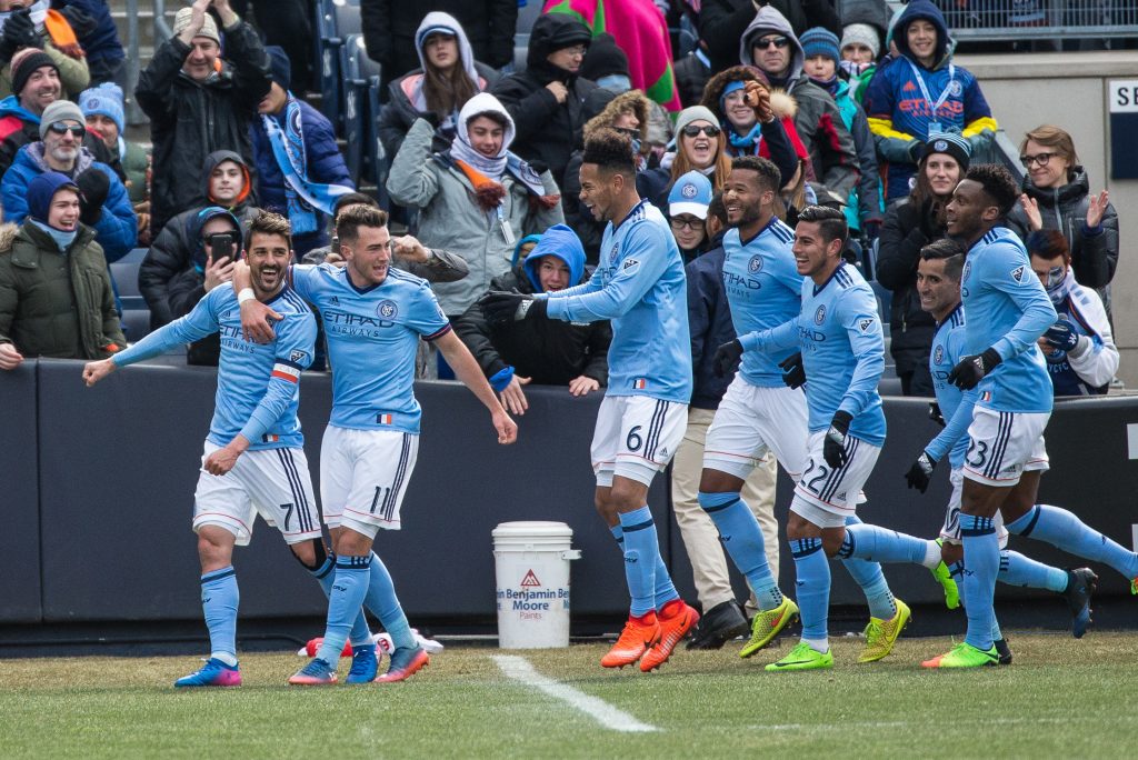 New York City FC forward David Villa (7) celebrates with midfielder Jack Harrison (11).