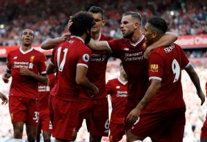 Liverpool's Mohamed Salah celebrates.