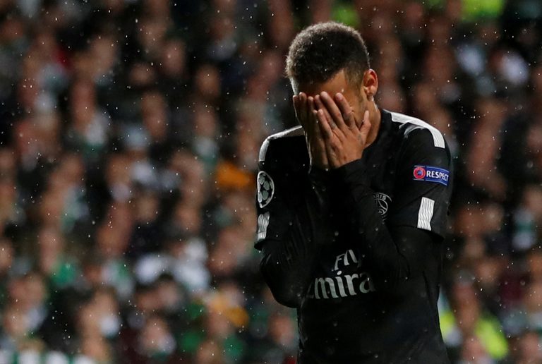 Paris Saint-Germains Neymar looks dejected.