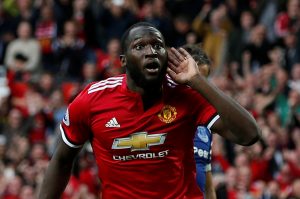 Manchester United's Romelu Lukaku celebrates scoring their third goal.