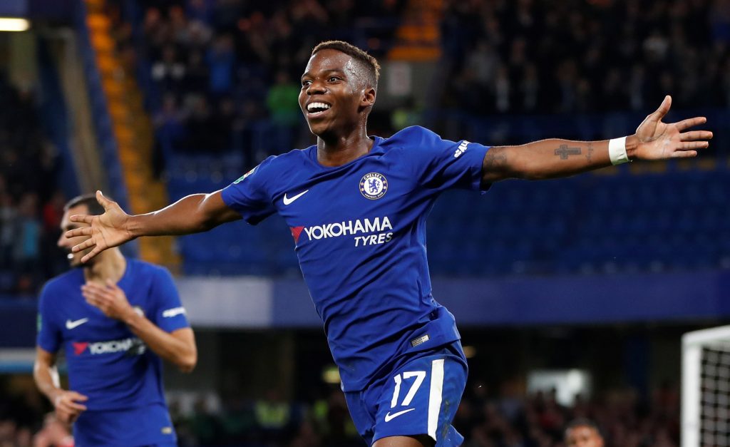 Chelsea's Charly Musonda celebrates scoring their third goal.