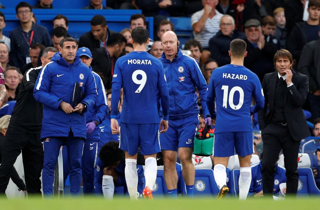 Chelseas Alvaro Morata goes off injured.