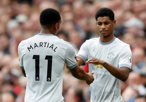 Marcus Rashford comes on as a substitute to replace Anthony Martial.