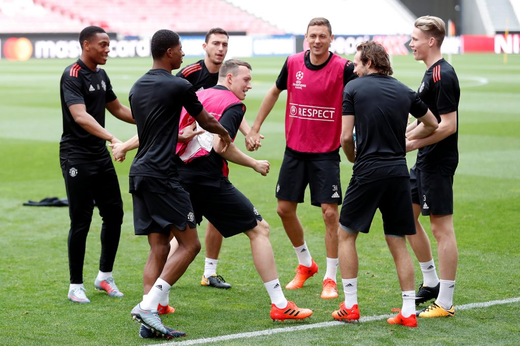 Phil Jones, Nemanja Matic and team mates during training.