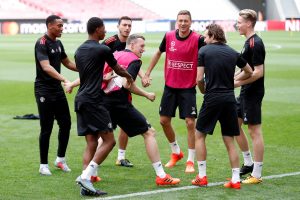 Phil Jones, Nemanja Matic and team mates during training.