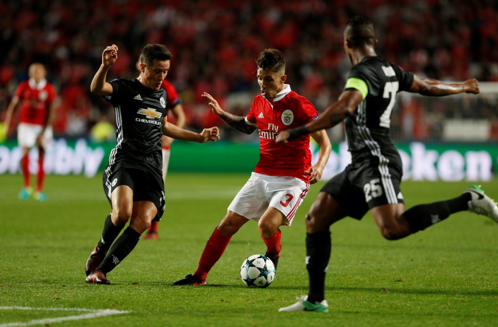Manchester United's Ander Herrera in action with Benfica's Alex Grimaldo.