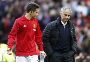 Ander Herrera and manager Jose Mourinho at the end of the match.