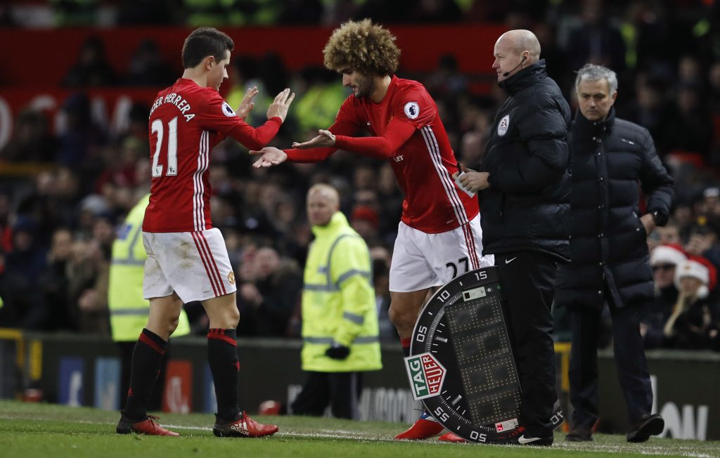 Marouane Fellaini comes on as a substitute to replace Ander Herrera.
