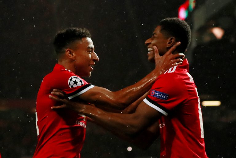 Marcus Rashford celebrates scoring goal with Jesse Lingard.