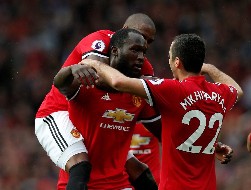 Henrikh Mkhitaryan celebrates scoring goal with Romelu Lukaku.