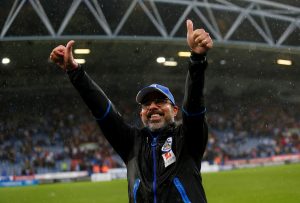 Huddersfield Town manager David Wagner celebrates at the end of the match.
