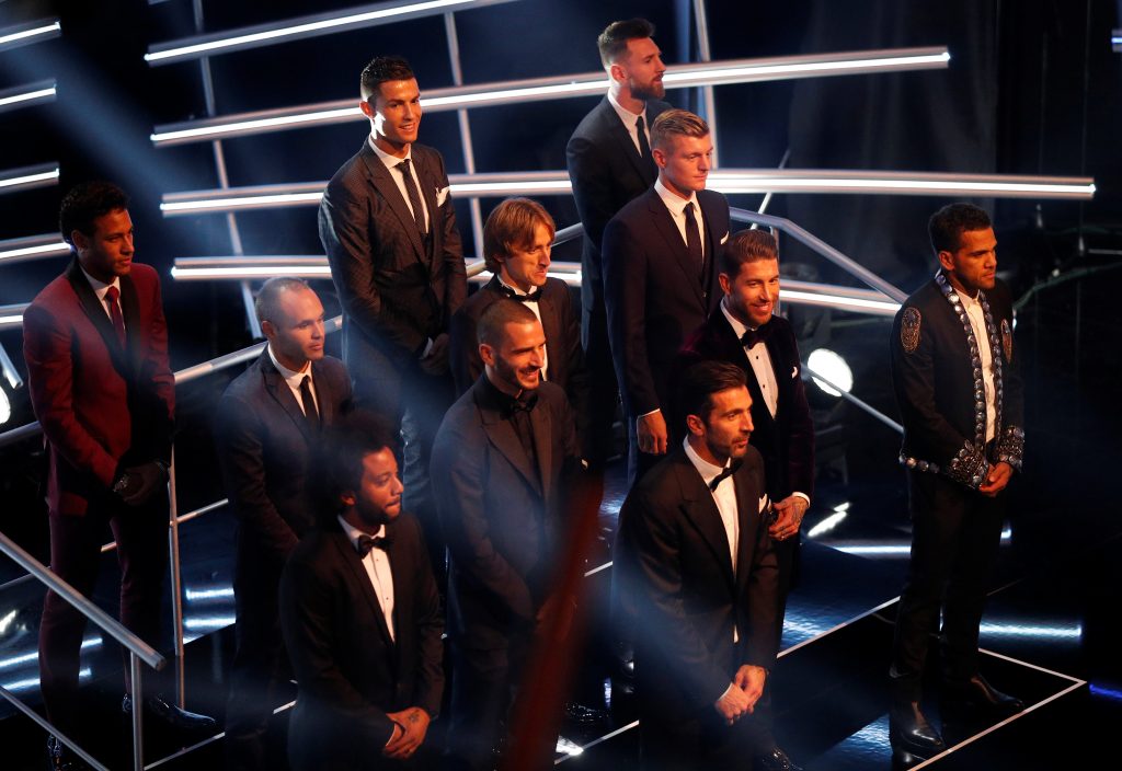 Neymar, Cristiano Ronaldo, Lionel Messi, Andres Iniesta, Luka Modric, Toni Kroos, Dani Alves, Sergio Ramos, Leonardo Bonucci, Marcelo and Gianluigi Buffon are selected in the FIFA FIFPro World 11 during the awards.