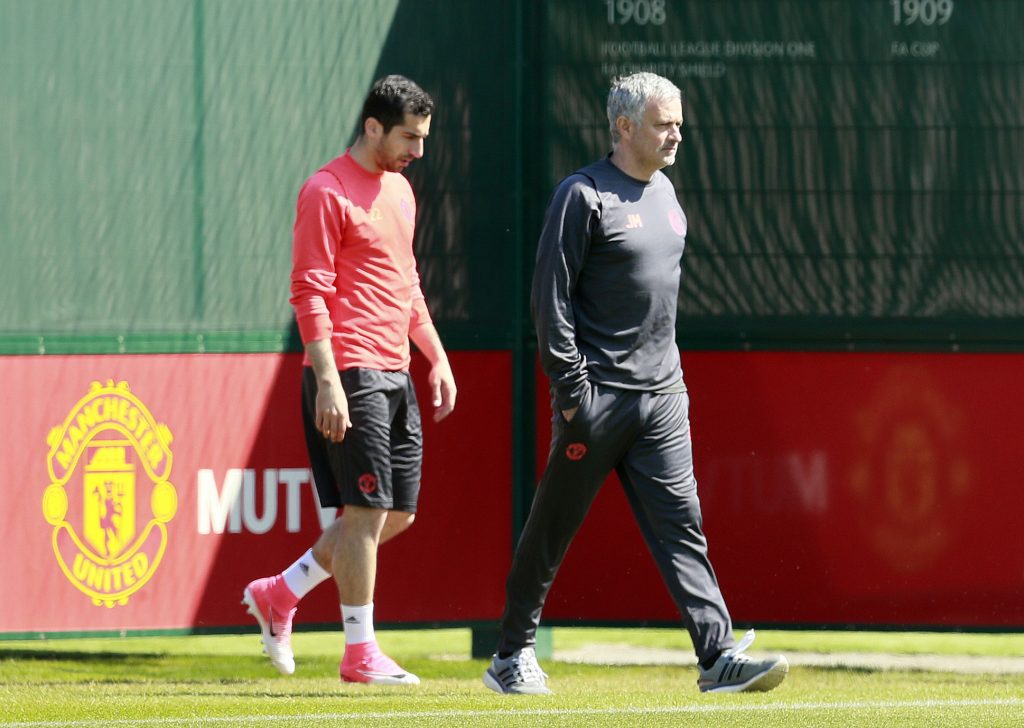 Jose Mourinho and Henrikh Mkhitaryan during training.