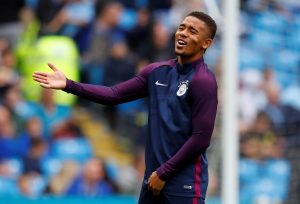 Manchester City's Gabriel Jesus warms up before the match.