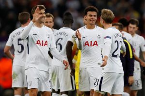 Tottenham's Dele Alli, Christian Eriksen and Fernando Llorente celebrate after the match.