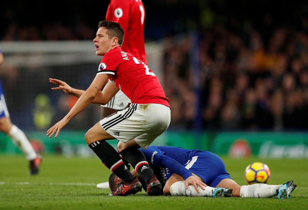 Eden Hazard is fouled by Ander Herrera resulting in a booking for Herrera.