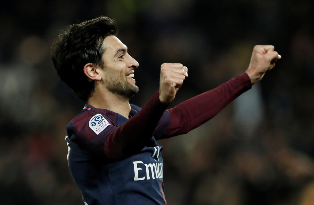 Paris Saint-Germains Javier Pastore celebrates scoring their third goal.