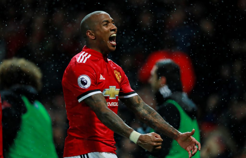 Manchester United's Ashley Young celebrates scoring their first goal.
