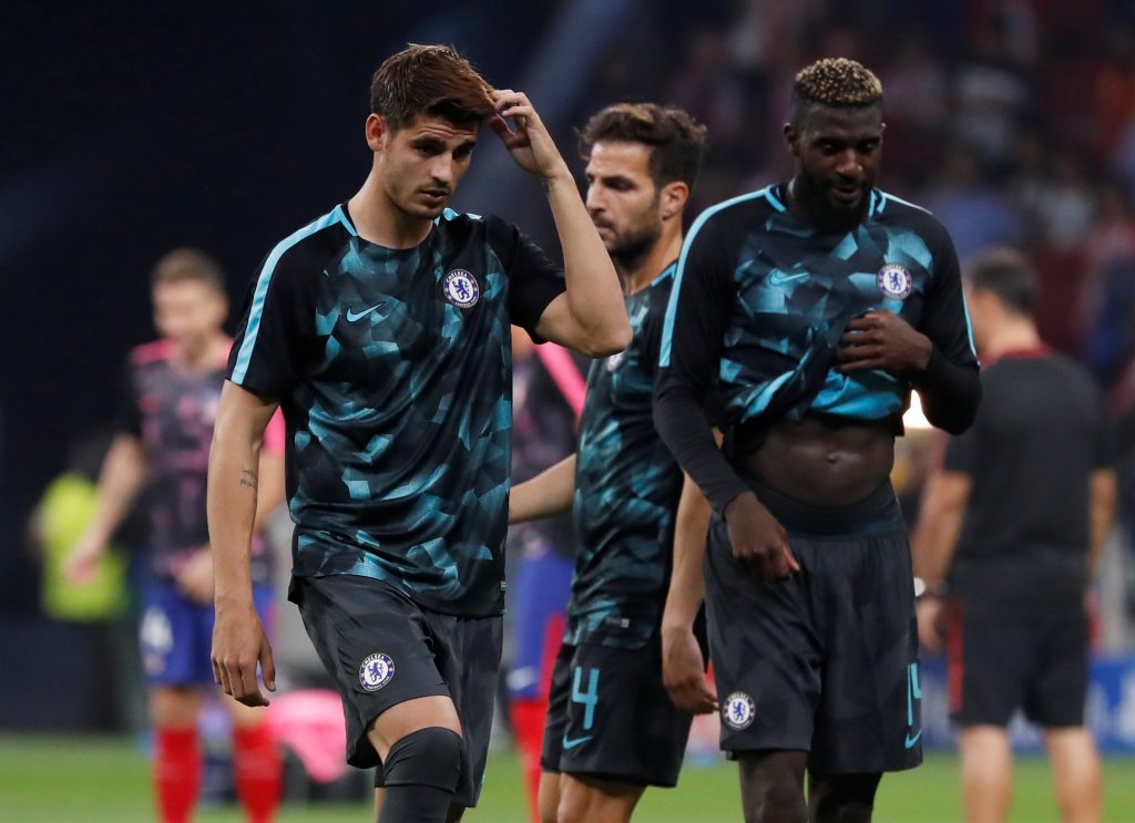 Chelseas Alvaro Morata and Tiemoue Bakayoko warms up before the match.