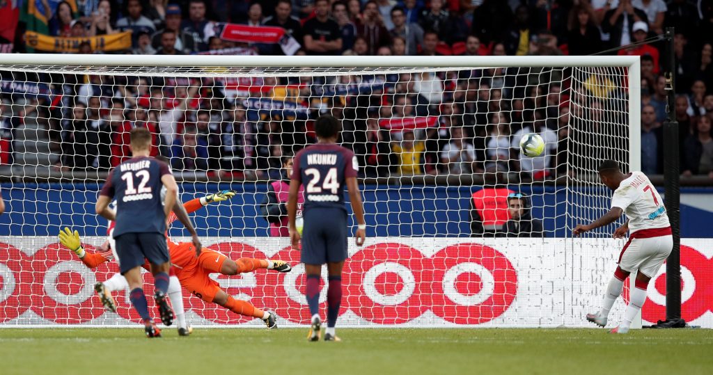 Bordeaux's Malcom scores their second goal from the penalty spot.