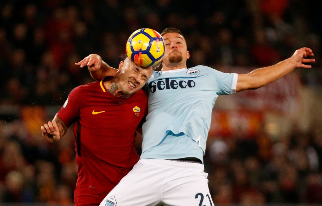 Roma's Radja Nainggolan in action with Lazios Sergej Milinkovic-Savic.