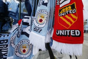 Scarves for sale outside the stadium before the match.