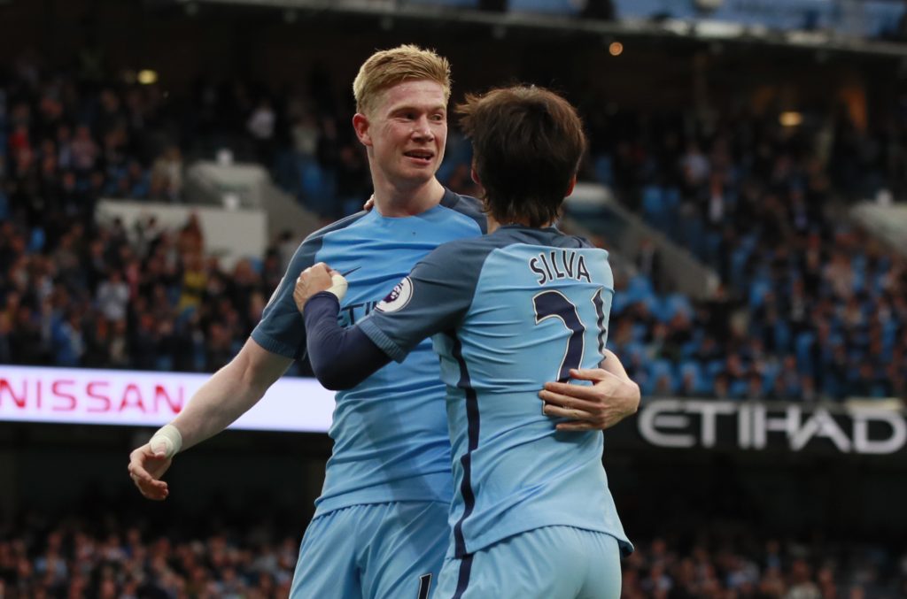 Man City's Kevin De Bruyne celebrates scoring their second goal with David Silva.
