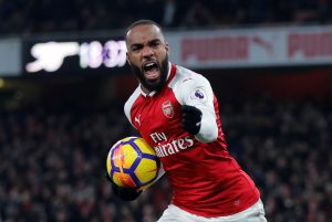 Arsenal's Alexandre Lacazette celebrates scoring their first goal.