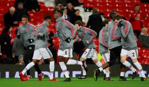 Paul Pogba and team mates during the warm up before the match.