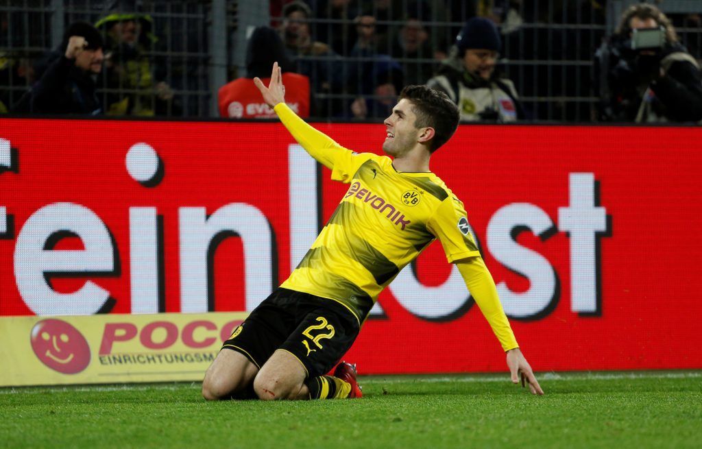 Borussia Dortmunds Christian Pulisic celebrates scoring their second goal.