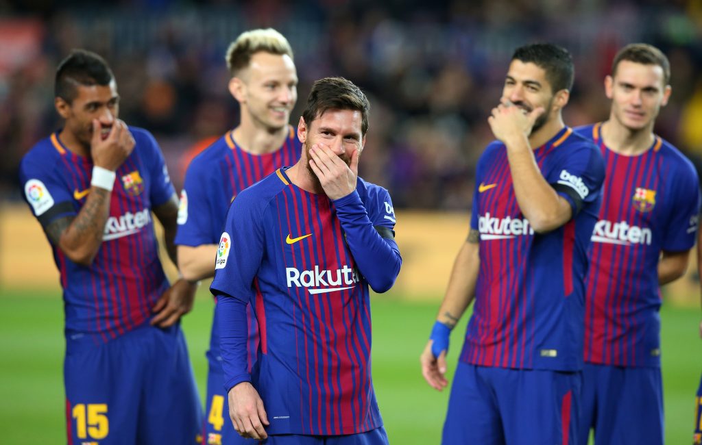 Barcelonas Lionel Messi and team mates before the match.