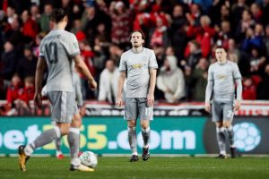 Daley Blind reacts after Bristol City score their first goal.