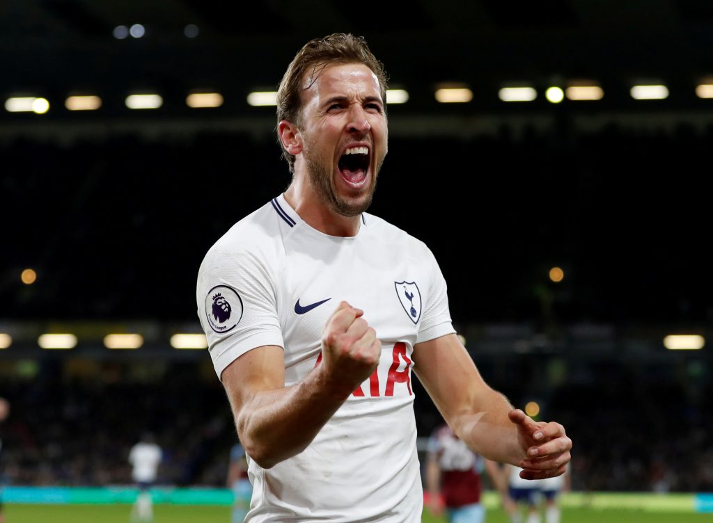 Tottenham's Harry Kane celebrates scoring their third goal to complete his hat-trick.
