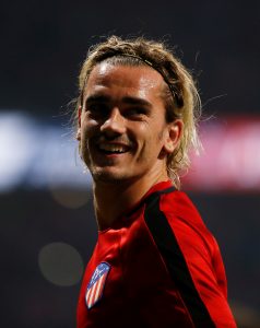 Atletico Madrids Antoine Griezmann during the warm up before the match.