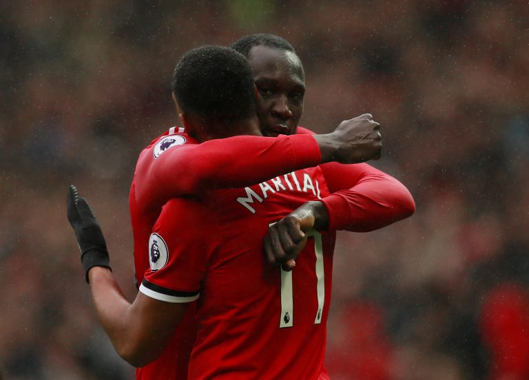 Anthony Martial celebrates scoring with Romelu Lukaku.